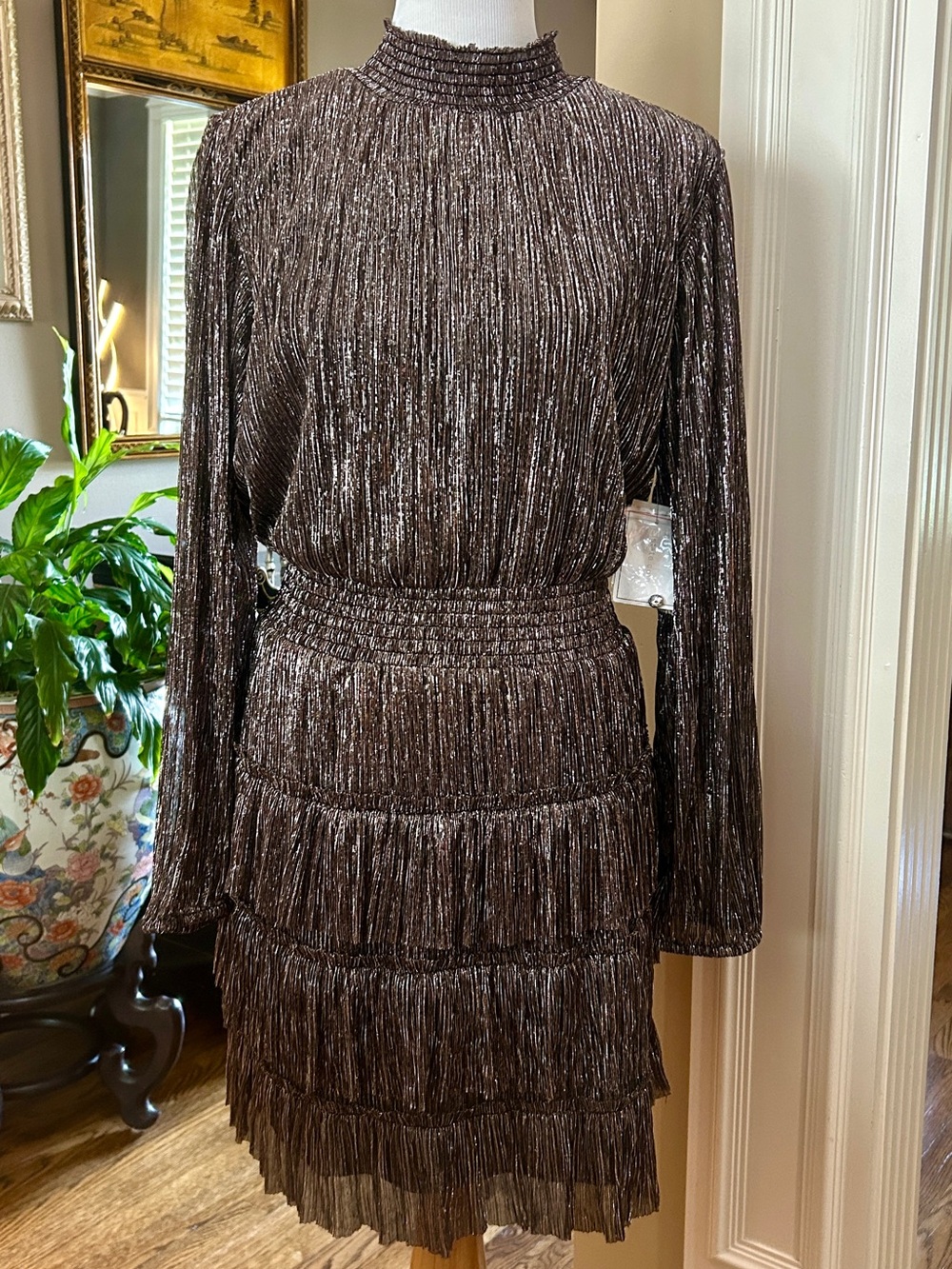 1. State Metallic Brown Pleated Long-Sleeve Tiered Dress